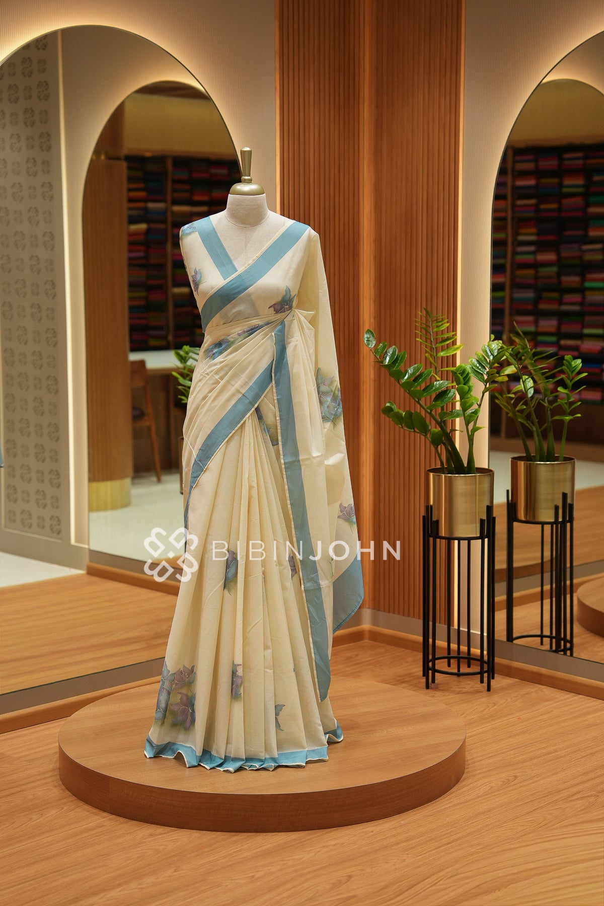 Printed Cotton Saree For Women Cream With Dusty Blue BJ2466