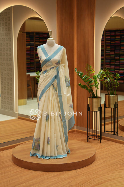Printed Cotton Saree For Women Cream With Dusty Blue BJ2466