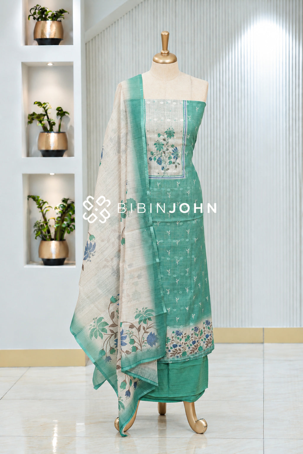 Chanderi Embroidery Unstitched Salwar Suit Material Sea Green BJ2076