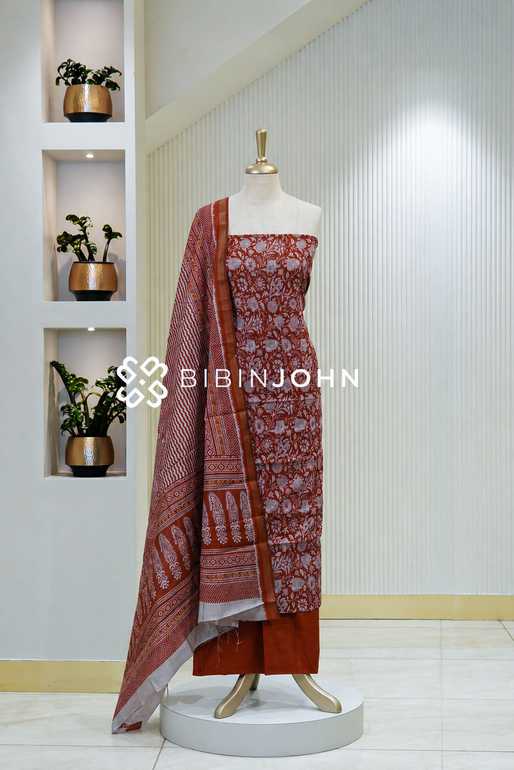 Printed Chanderi Unstitched Salwar Suit Material Terracotta Red BJ1793