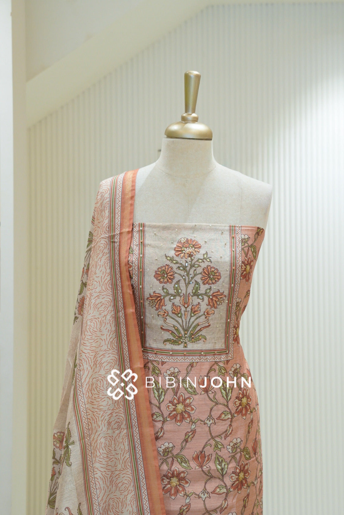 Semi Silk Embroidery Unstitched Salwar Suit Material Peach Pink BJ2365