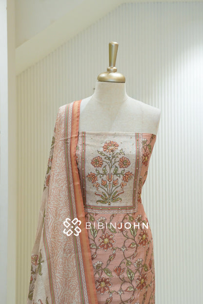 Semi Silk Embroidery Unstitched Salwar Suit Material Peach Pink BJ2365
