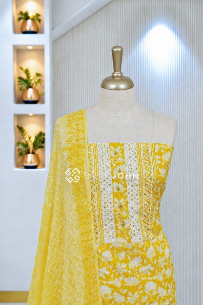 Printed Cotton Unstitched Salwar Suit Material Sunshine Yellow BJ2057