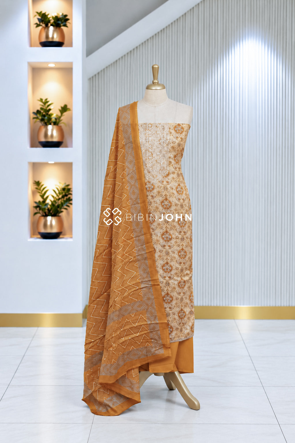 Cotton Embroidery Unstitched Salwar Suit Material Ivory Cream BJ2041
