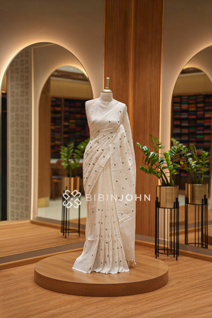 Linen Embroidery Saree Ivory-White BJ0942