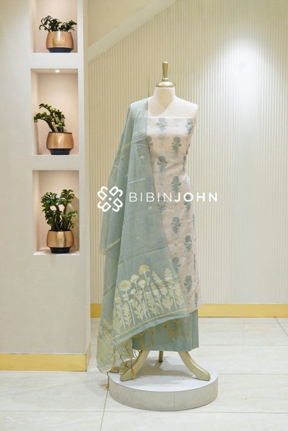 Printed Chanderi Unstitched Salwar Suit Material Off White With Pastel Sage Green BJ2751
