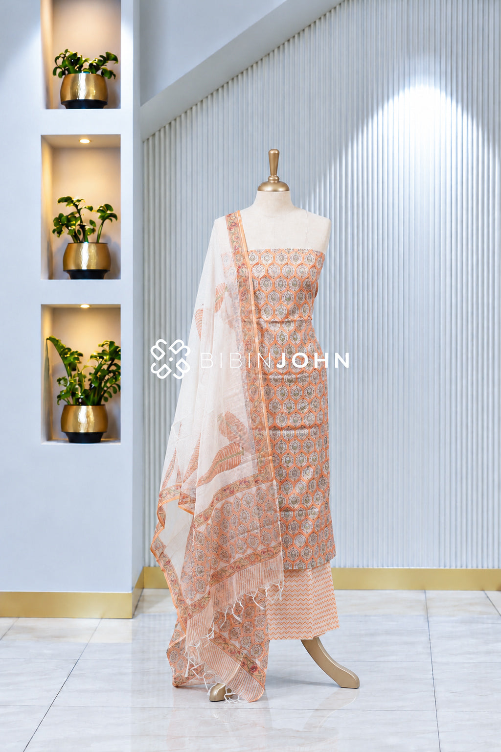 Printed Cotton Unstitched Salwar Suit Material Peach Orange BJ1967