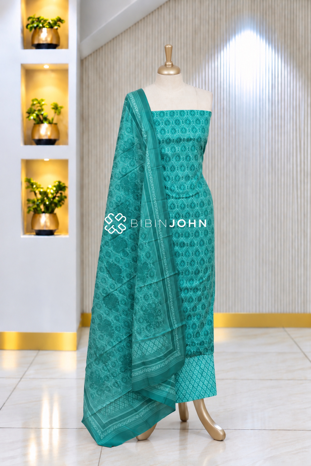 Printed Cotton Unstitched Salwar Suit Material Deep Turquoise Green BJ2074