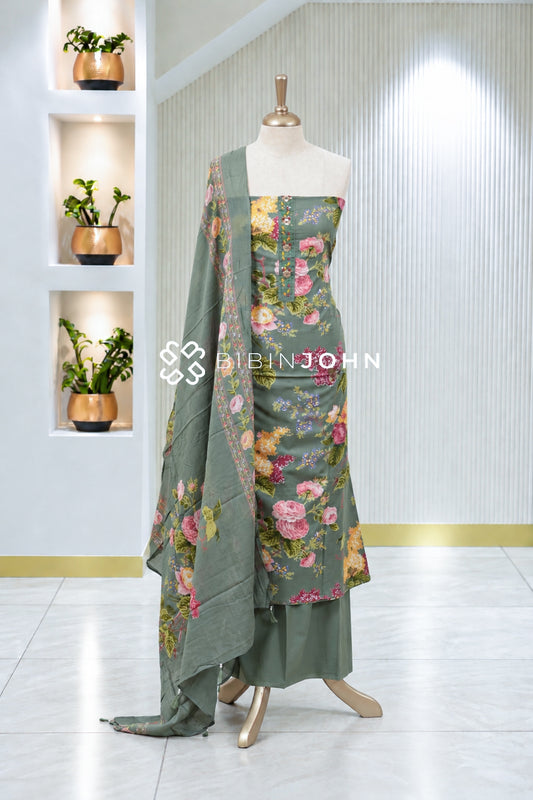 Printed Cotton Unstitched Salwar Suit Material  Sage Green BJ2017