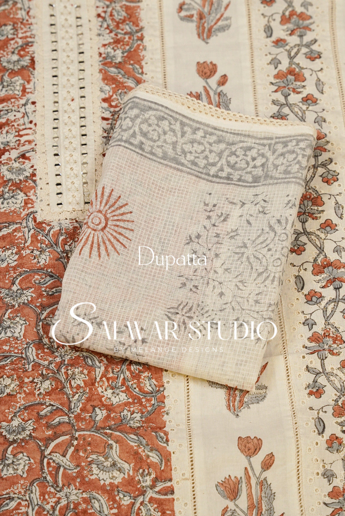Embroidery Unstitched Salwar Suit Dress Material Off-White With Rust AC0314