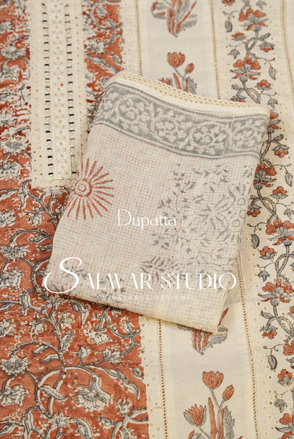 Embroidery Unstitched Salwar Suit Dress Material Off-White With Rust AC0314