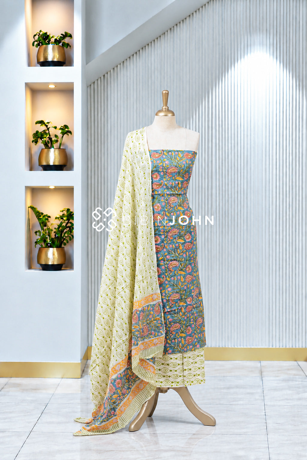 Printed Cotton Unstitched Salwar Suit Material Dusty Blue BJ1968