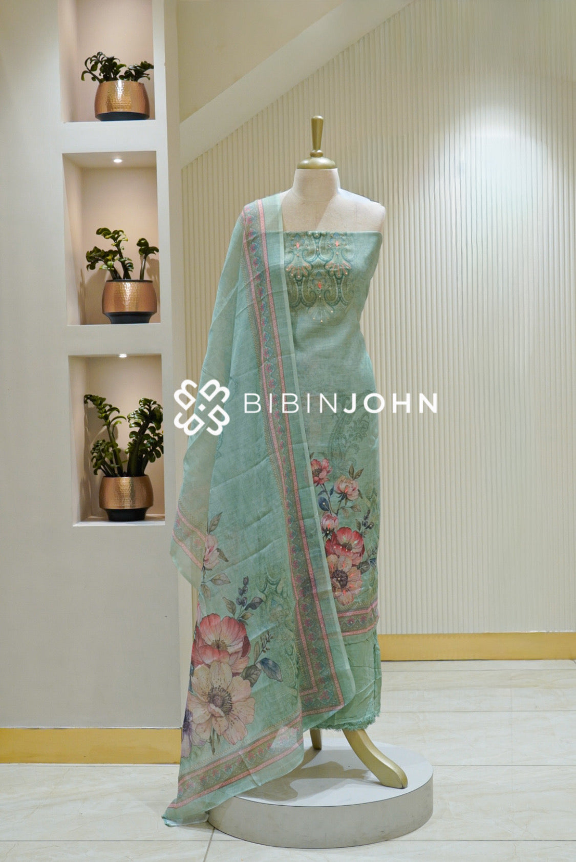 Printed Linen Cotton Embroidery Unstitched Salwar Suit Material Pastel Mint Green BJ2614