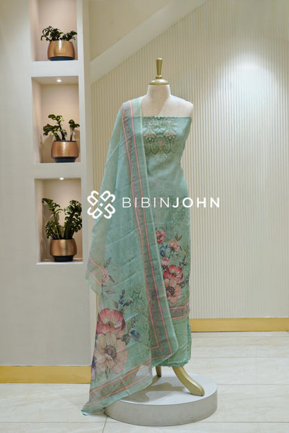 Printed Linen Cotton Embroidery Unstitched Salwar Suit Material Pastel Mint Green BJ2614