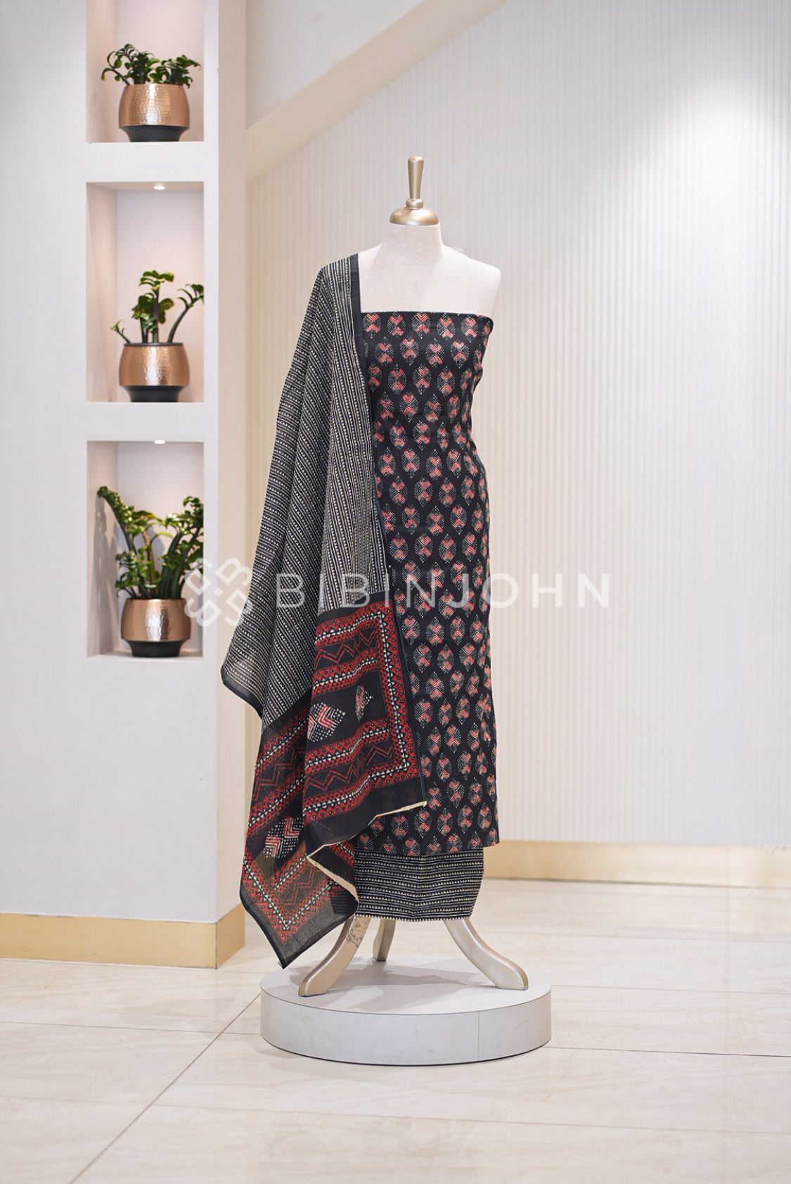 Printed Cotton Unstitched Salwar Suit Dress Material Black 