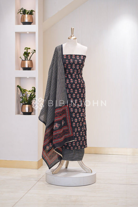 Printed Cotton Unstitched Salwar Suit Dress Material Black 