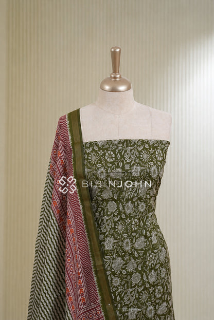 Printed Chanderi Unstitched Salwar Suit Material Olive Green BJ1822