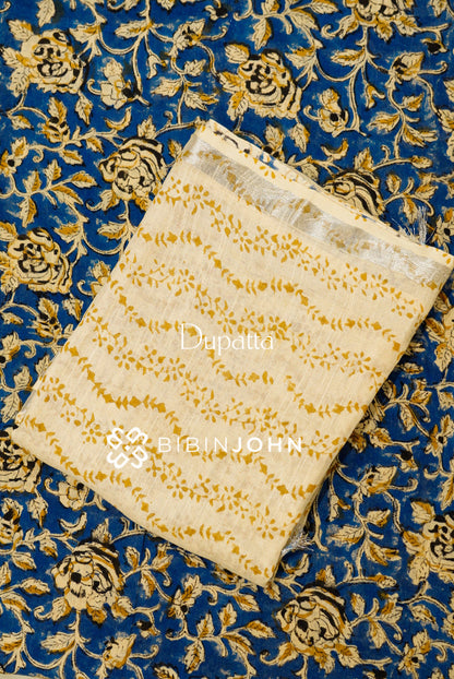 Cotton Linen Block Print Unstitched Salwar Suit Material Royal Blue BJ1125