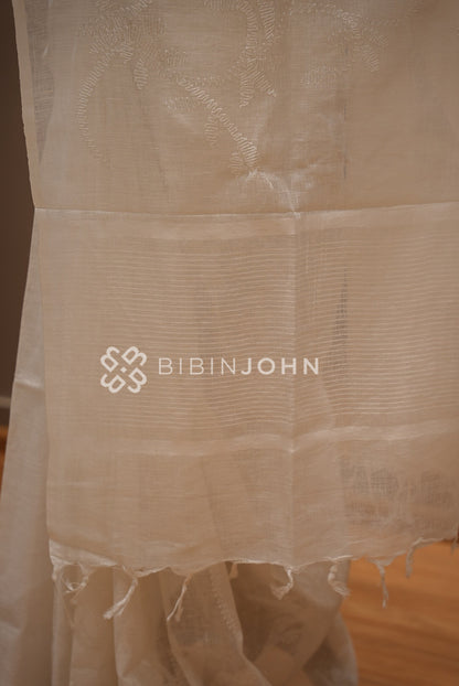 Linen Embroidery Saree For Women Ivory White BJ1649