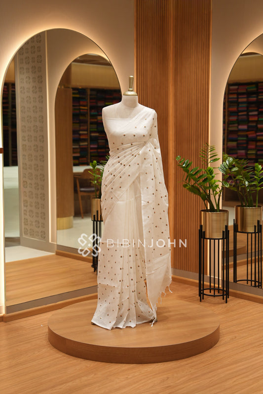 Linen Embroidery Saree For Women  Ivory White BJ2186