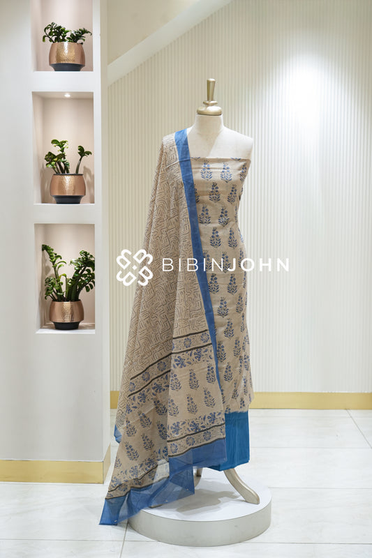 Chanderi Printed Unstitched Salwar Suit Materials  Blue, Cream & Muted Grey  BJ2217