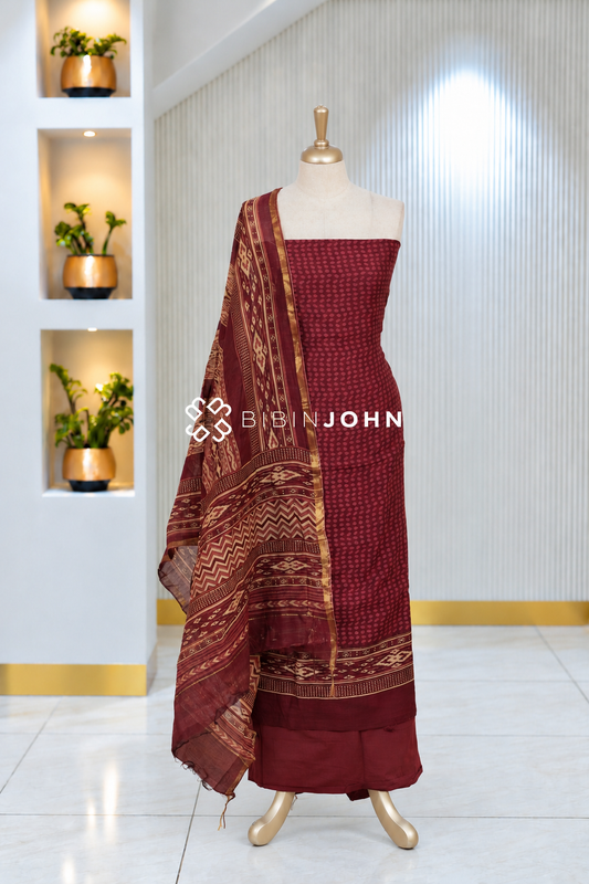 Printed Chanderi Unstitched Salwar Suit Material Deep Maroon BJ2054