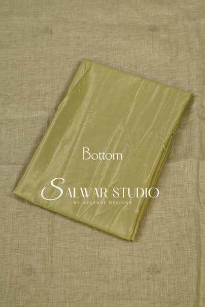 A folded olive green fabric piece Bottom.