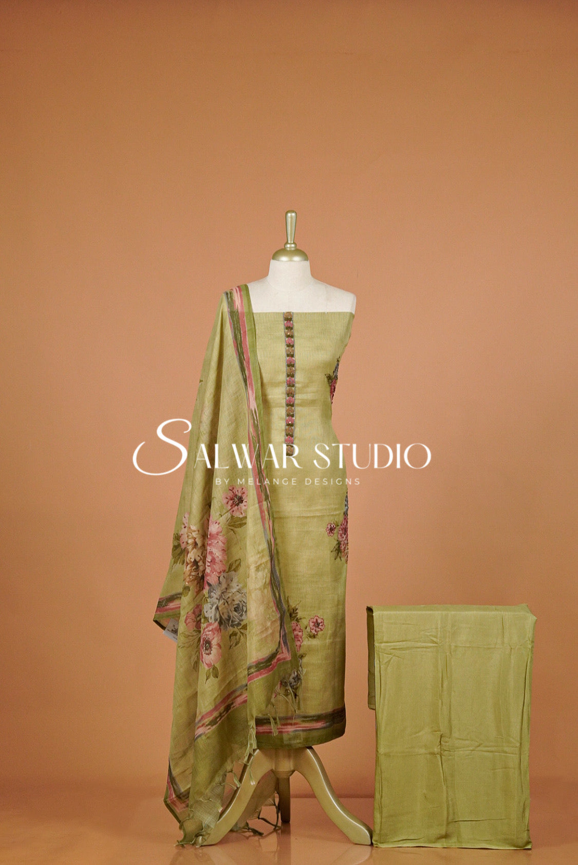 Art Linen Embroidery Salwar Suit Material Olive Green.