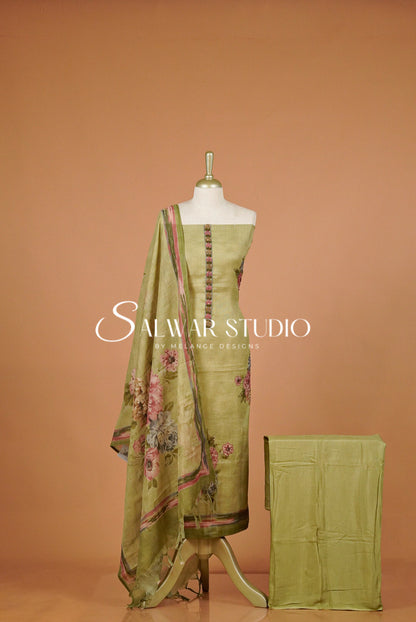 Art Linen Embroidery Salwar Suit Material Olive Green.