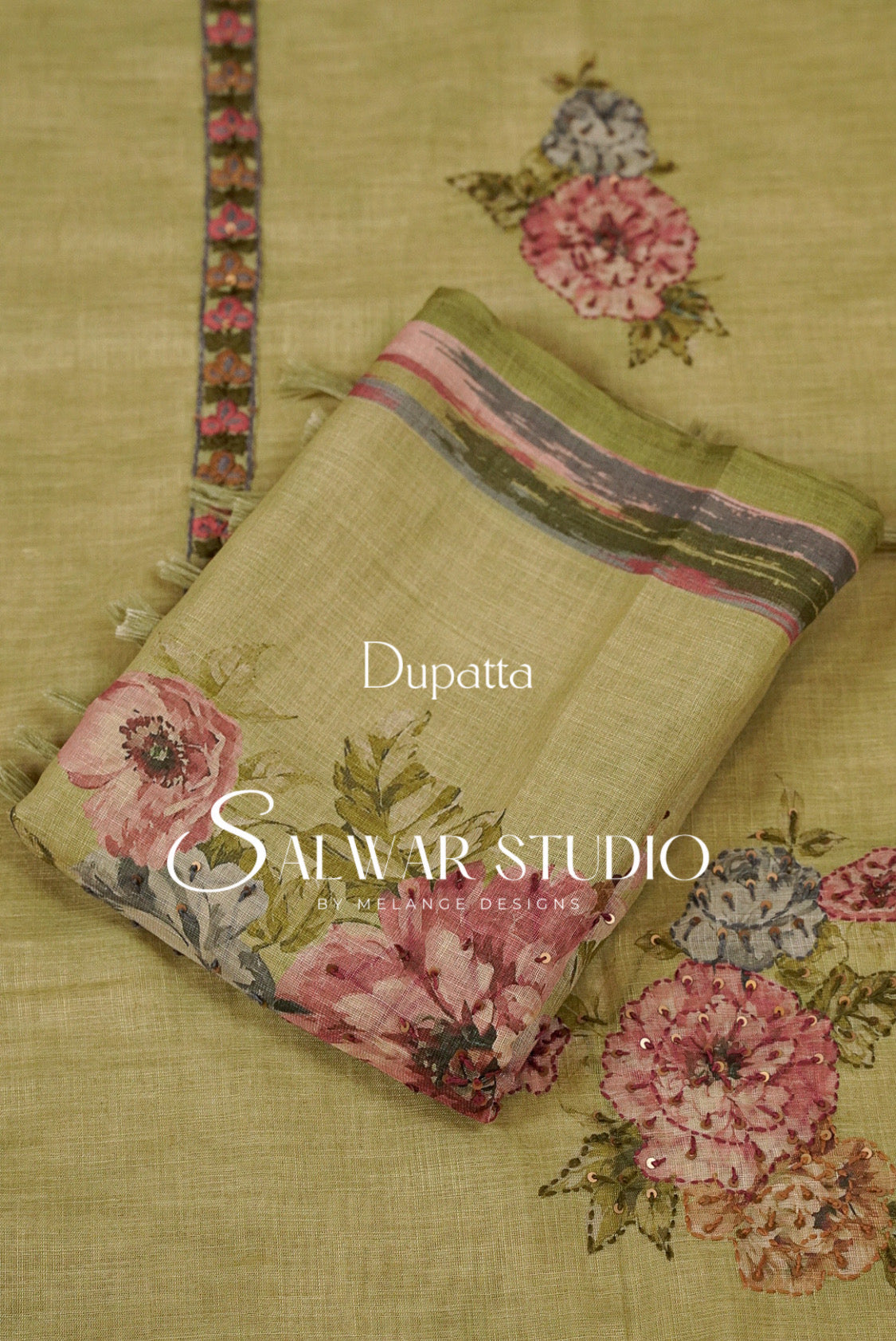 Art Linen Embroidery Salwar Suit Material Olive Green Dupatta.