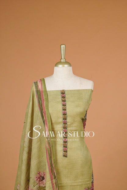 Art Linen Embroidery Salwar Suit Material Olive Green Close Up.
