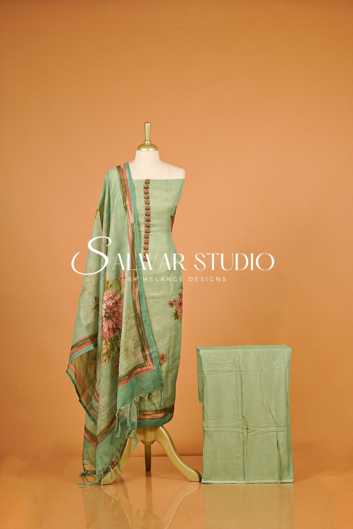 Art Linen Embroidery Salwar Suit Material Mint Green.