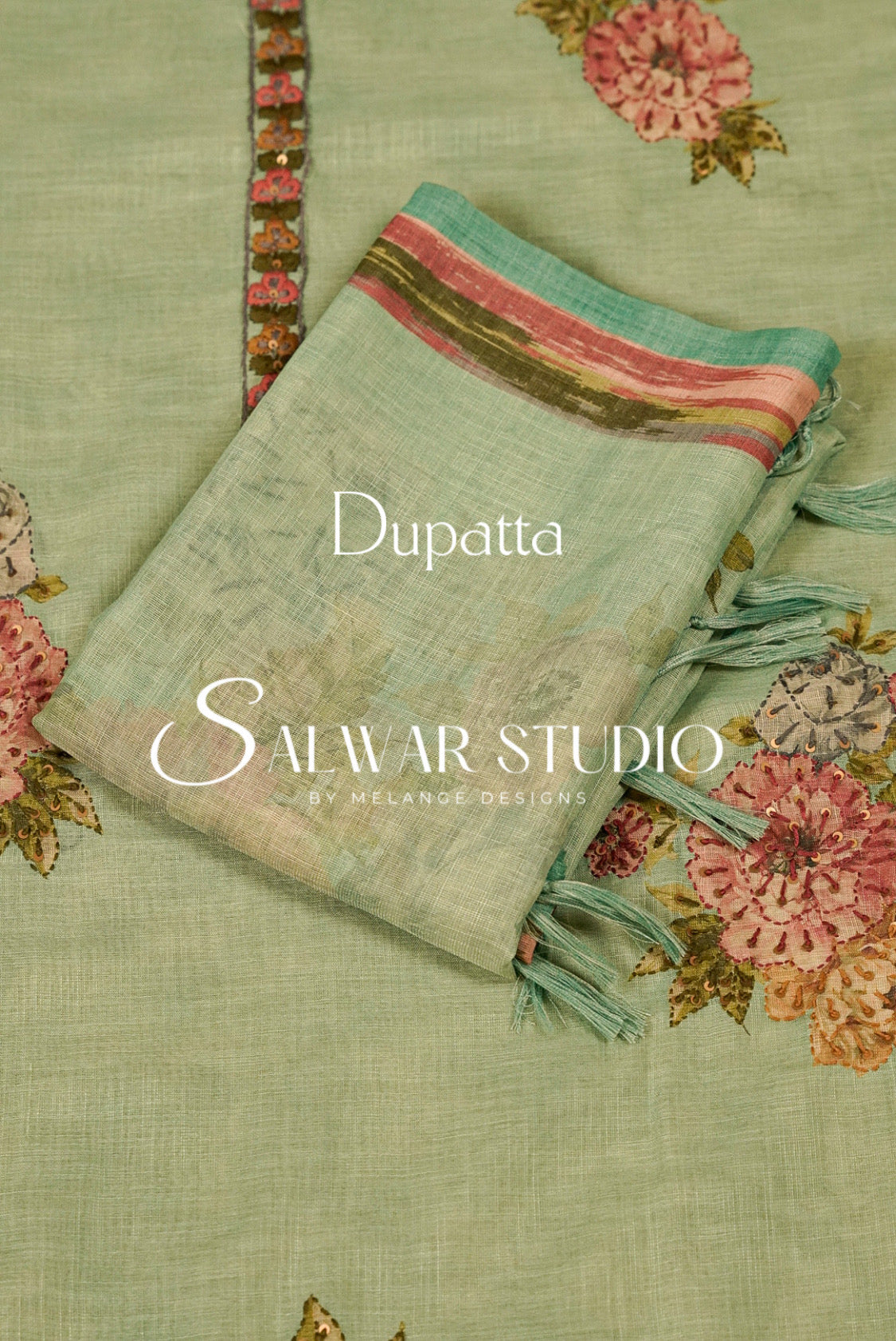 Art Linen Embroidery Salwar Suit Material Mint Green Dupatta.