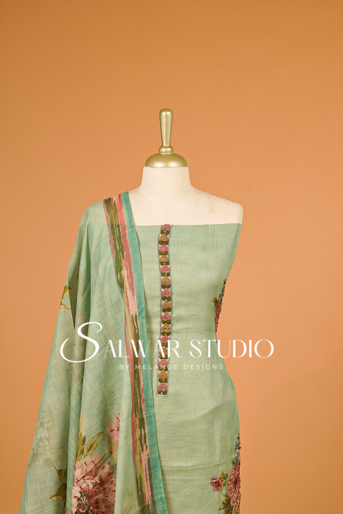 Art Linen Embroidery Salwar Suit Material Mint Green Close Up.
