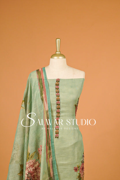 Art Linen Embroidery Salwar Suit Material Mint Green Close Up.