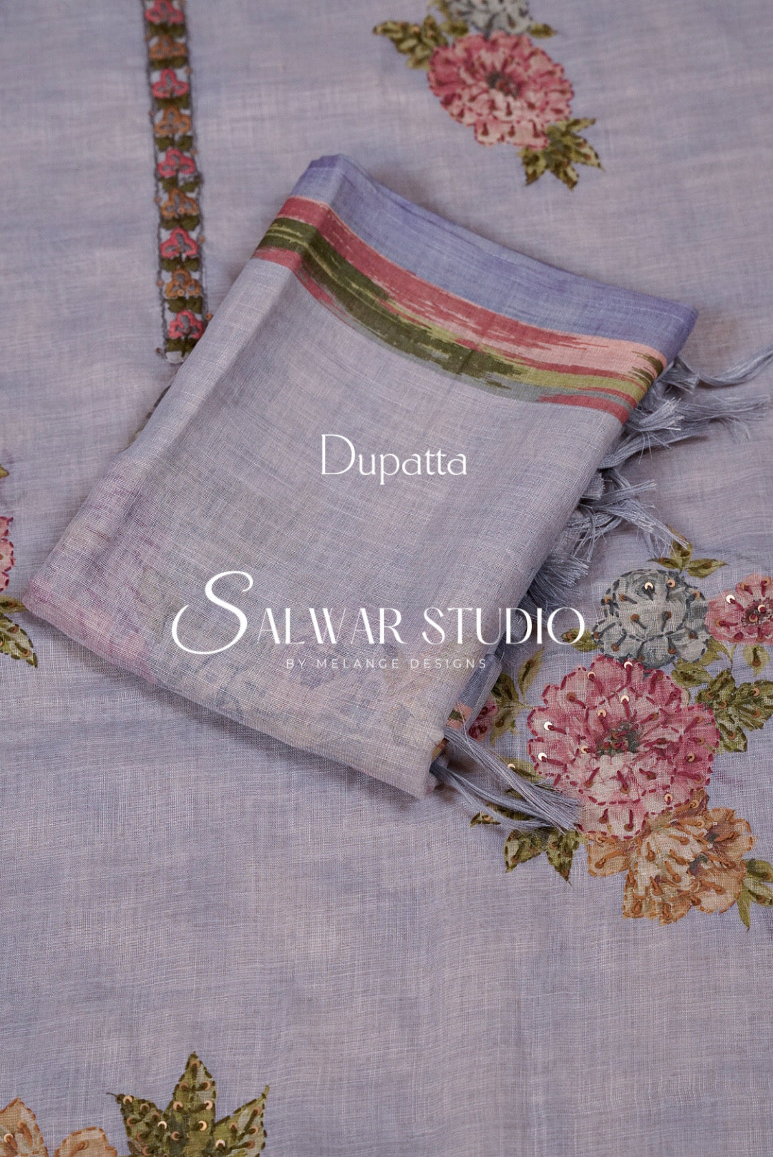 Art Linen Embroidery Salwar Suit Material Lavender Dupatta.