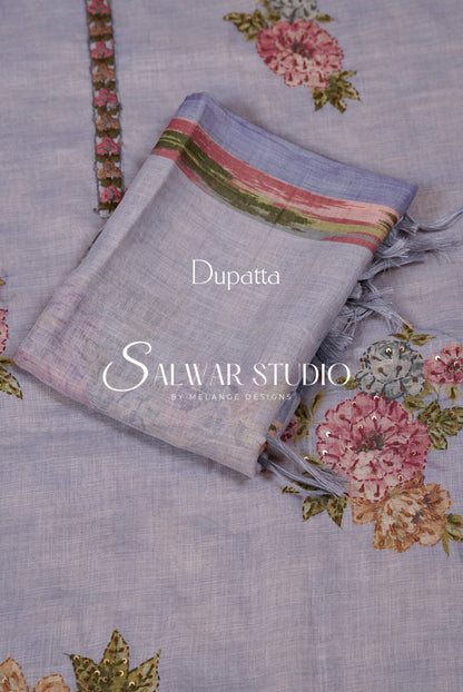 Art Linen Embroidery Salwar Suit Material Lavender Dupatta.