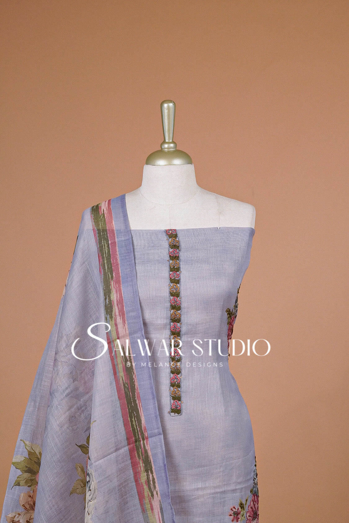 Art Linen Embroidery Salwar Suit Material Lavender Close Up.