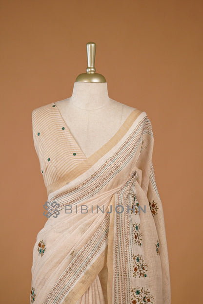Art Linen Embroidery Saree For Women Beige Close view