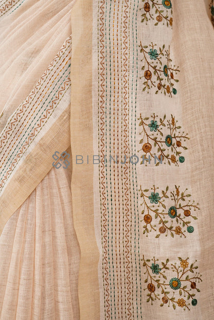 Art Linen Embroidery Saree For Women Beige side view