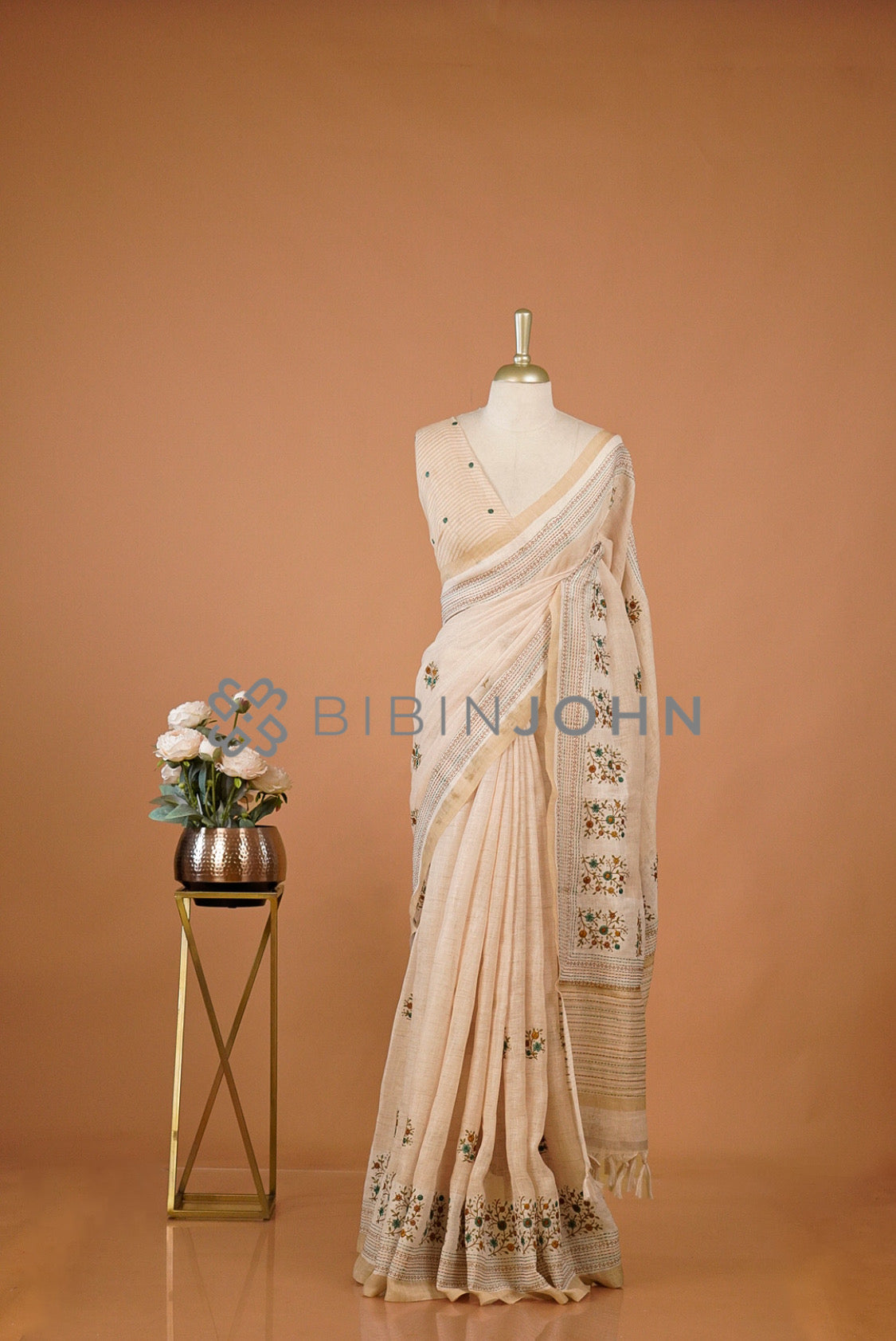 Art Linen Embroidery Saree For Women Beige