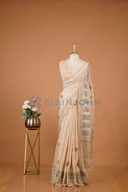 Art Linen Embroidery Saree For Women Beige