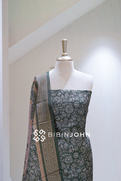 Silk Embroidery Unstitched Salwar Suit Material Forest Green BJ1713