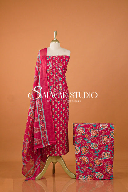 Printed Cotton Unstitched Salwar Suit Dress Material Rani Pink AC0163