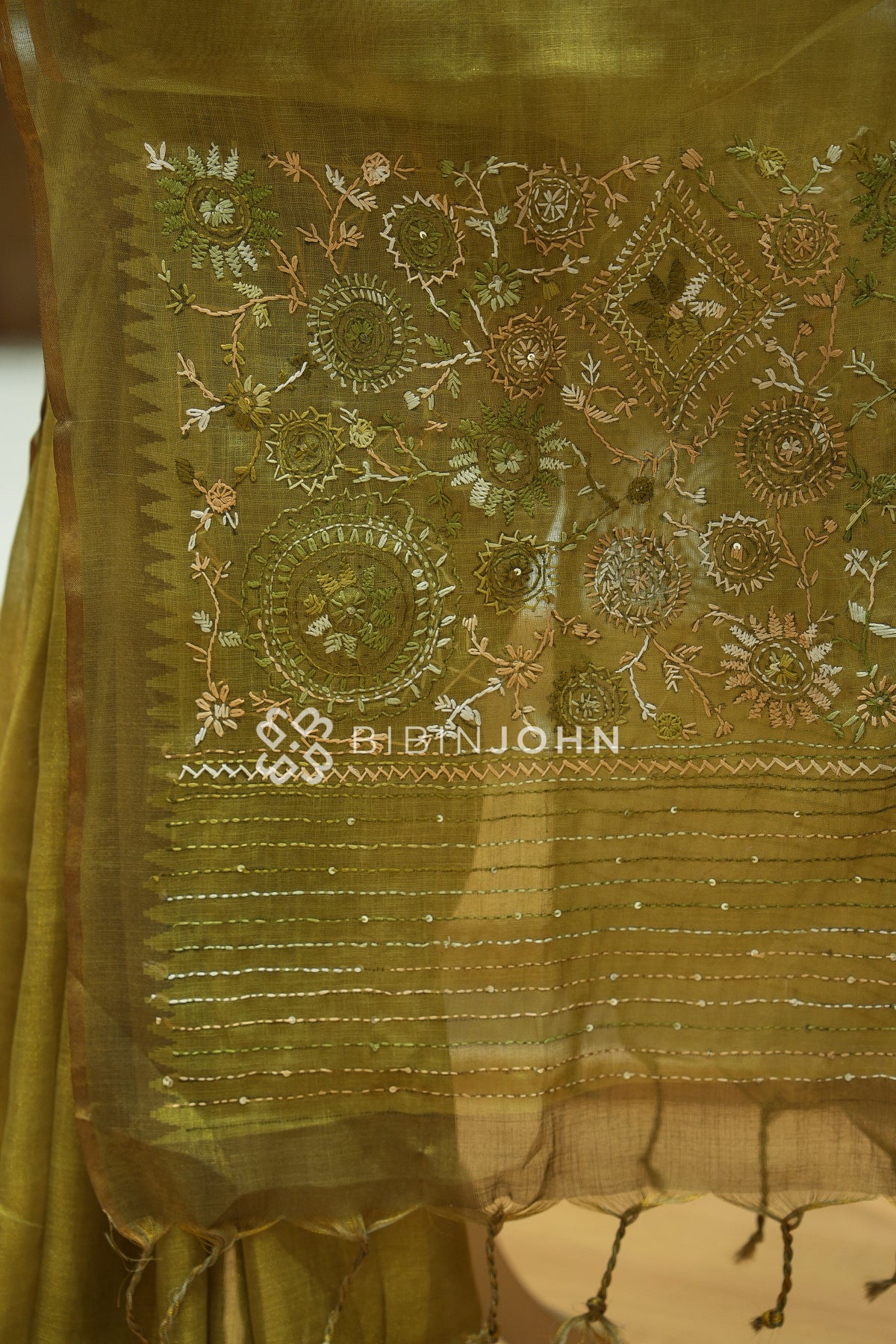 Tissue Linen Embroidery Saree For Women Antique Olive Green BJ2437