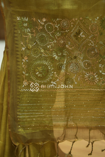 Tissue Linen Embroidery Saree For Women Antique Olive Green BJ2437