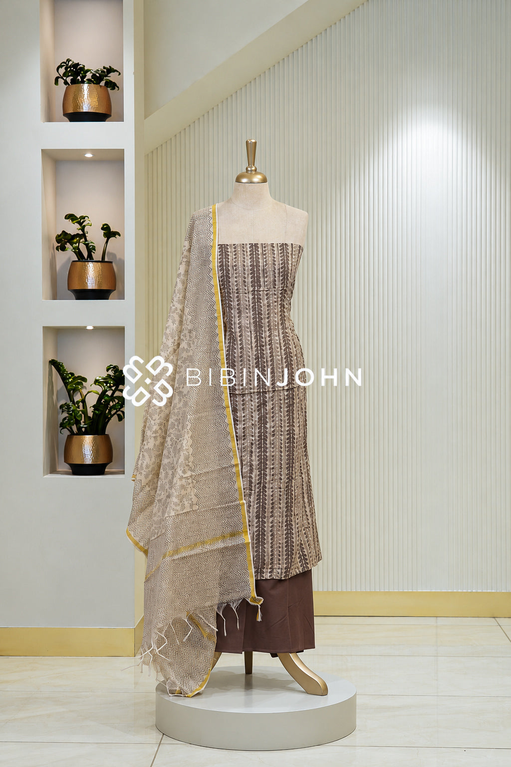 Printed Cotton Unstitched Salwar Suit Material Beige BJ1809