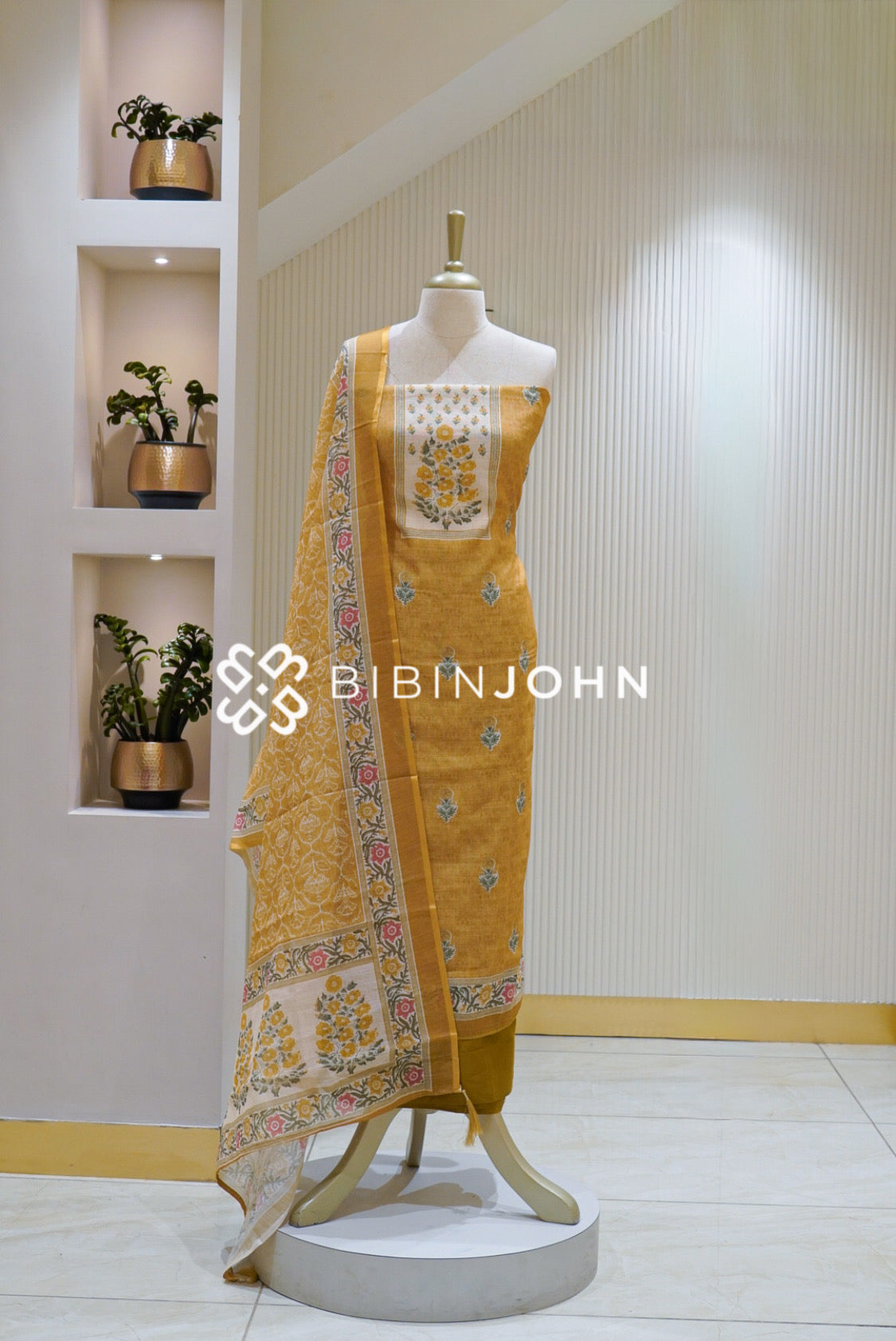 Printed Linen Cotton Unstitched Salwar Suit Material Mustard Yellow BJ2619