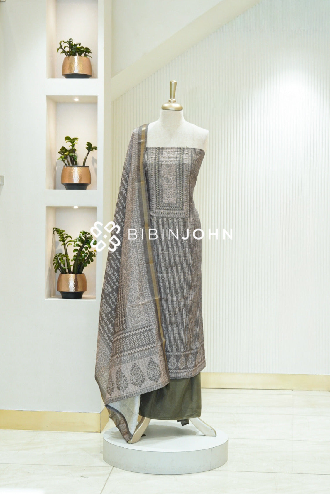 Printed Semi Silk Unstitched Salwar Suit Material Taupe Grey BJ2359