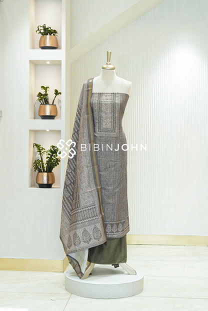 Printed Semi Silk Unstitched Salwar Suit Material Taupe Grey BJ2359